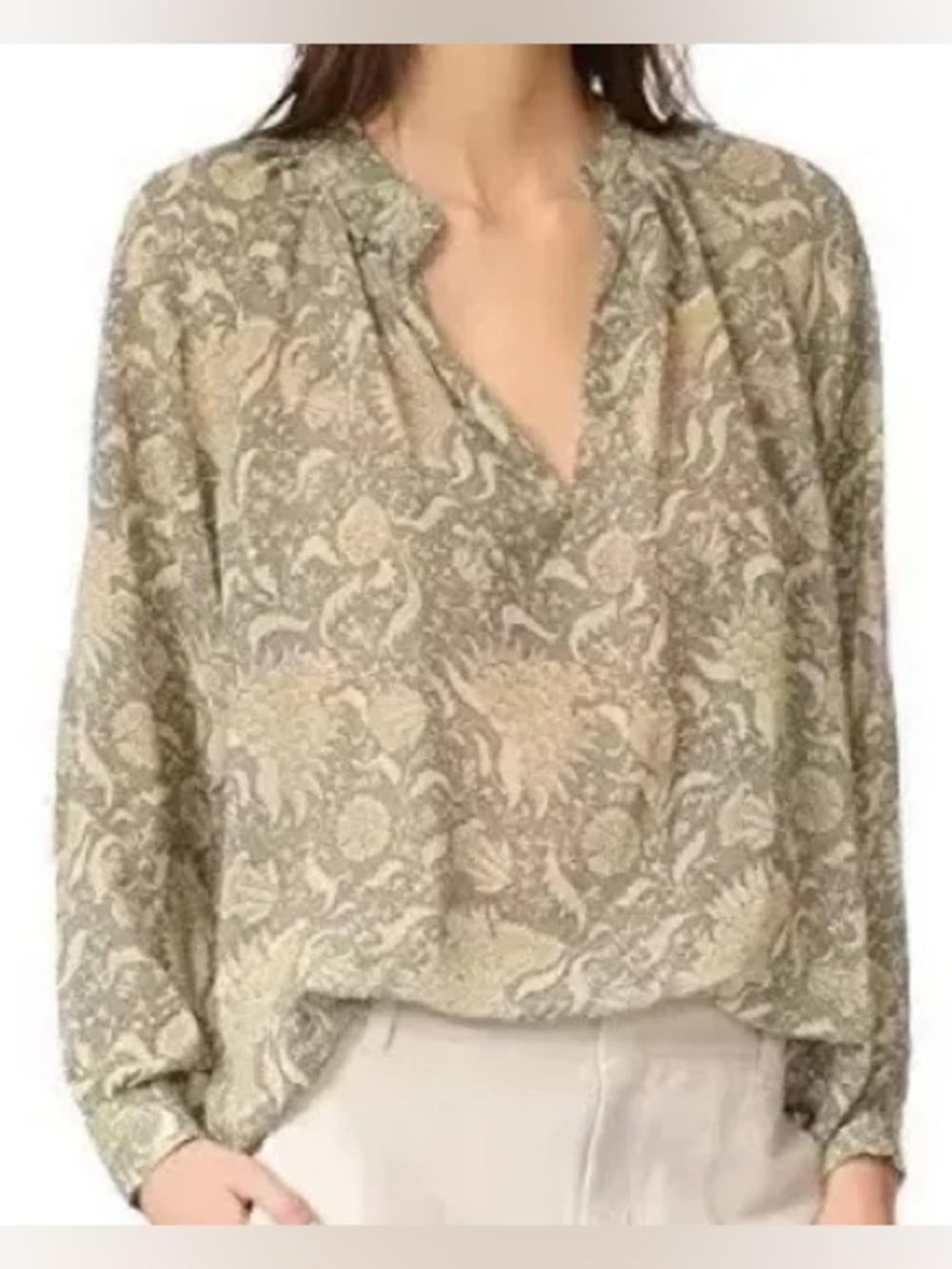 Vince Floral Pleat-Neck Semi-Sheer Silk Blouse Sz XS
